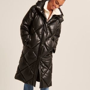 NWT A&F Long Faux Leather Quilted Puffer size S
